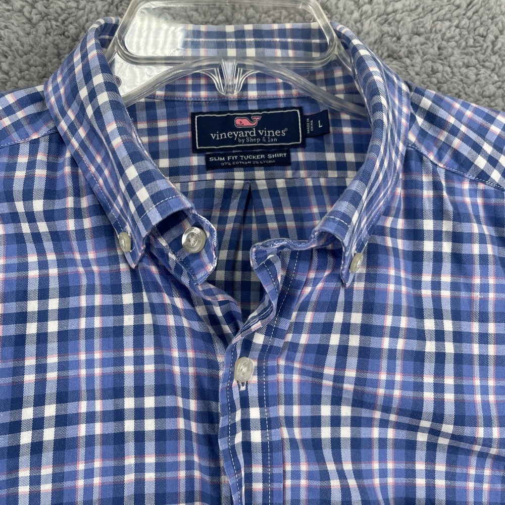 Vineyard Vines Tucker Shirt Mens Large Blue Plaid Slim Fit Cotton Stretch LS
